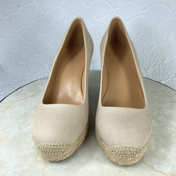 J. Crew Heels Women 9 Beige Canvas Comfort Summer Slip On Espadrille Wedge Pumps - Picture 3 of 14